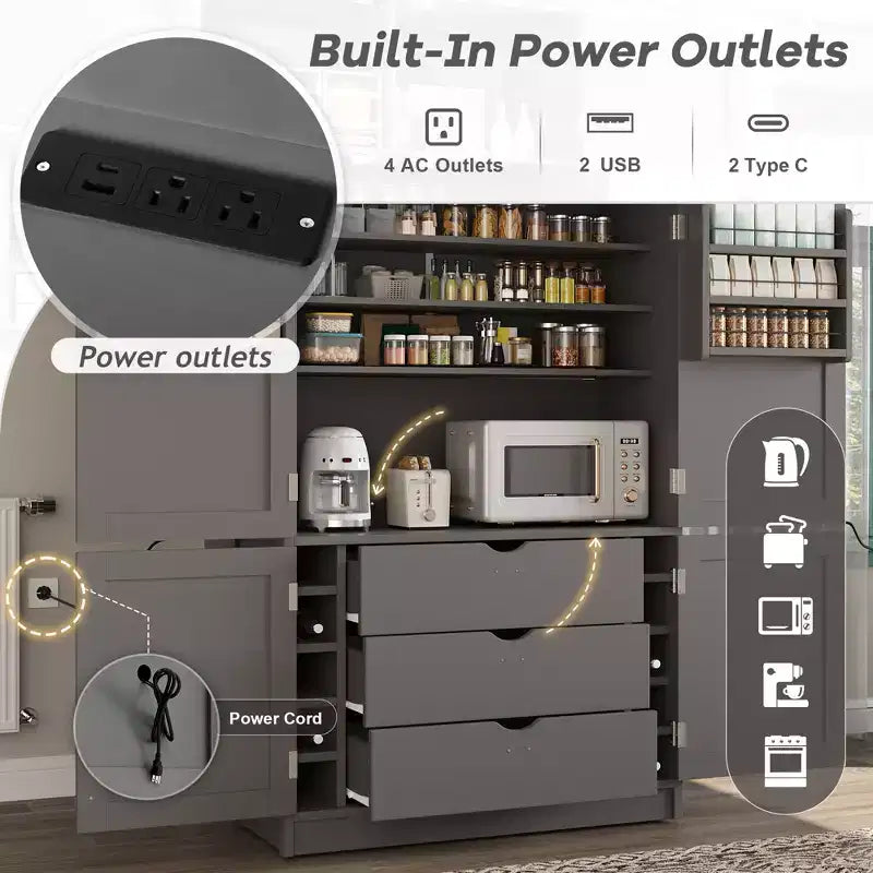 GDFStudio Hallie Grand garde-manger de cuisine style Shaker avec 2 prises de courant, étagères réglables et étagères de porte