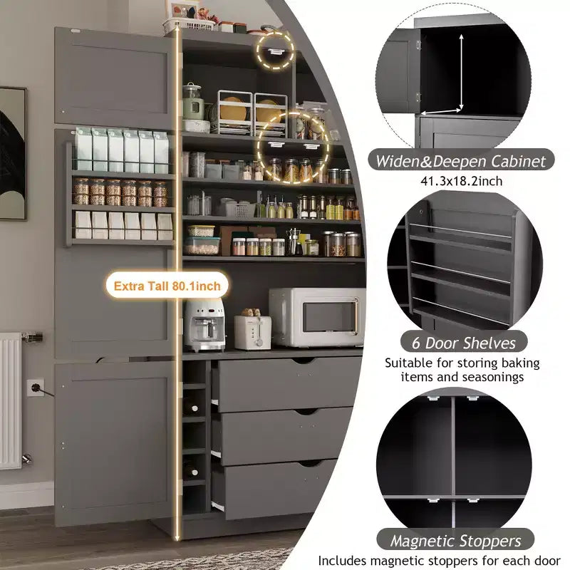 GDFStudio Hallie Grand garde-manger de cuisine style Shaker avec 2 prises de courant, étagères réglables et étagères de porte