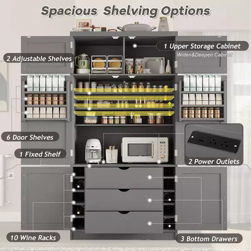 GDFStudio Hallie Grand garde-manger de cuisine style Shaker avec 2 prises de courant, étagères réglables et étagères de porte