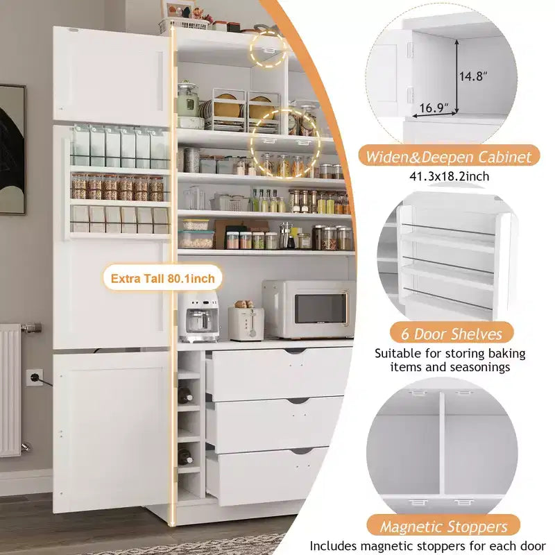 GDFStudio Hallie Grand garde-manger de cuisine style Shaker avec 2 prises de courant, étagères réglables et étagères de porte