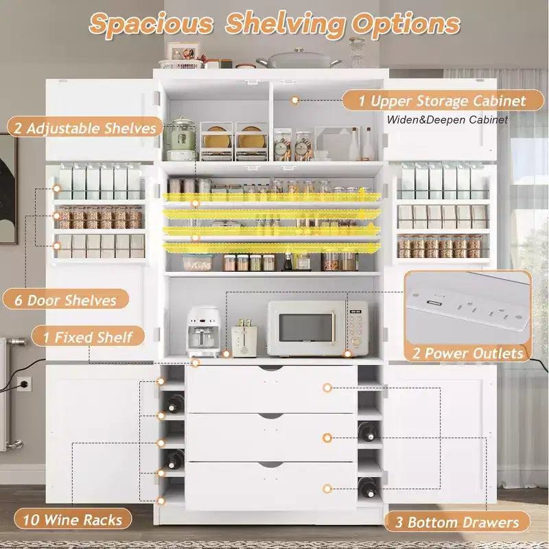 GDFStudio Hallie Grand garde-manger de cuisine style Shaker avec 2 prises de courant, étagères réglables et étagères de porte