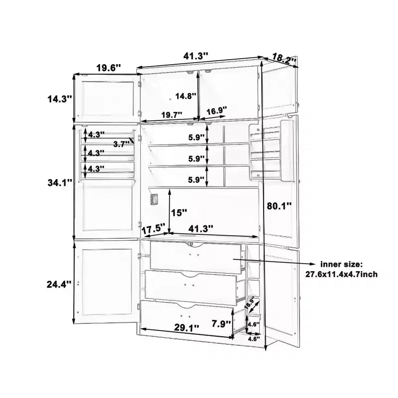 GDFStudio Hallie Grand garde-manger de cuisine style Shaker avec 2 prises de courant, étagères réglables et étagères de porte