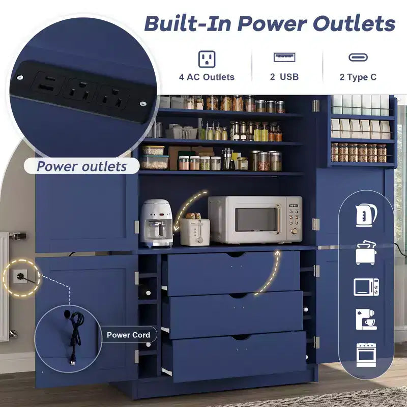 GDFStudio Hallie Grand garde-manger de cuisine style Shaker avec 2 prises de courant, étagères réglables et étagères de porte