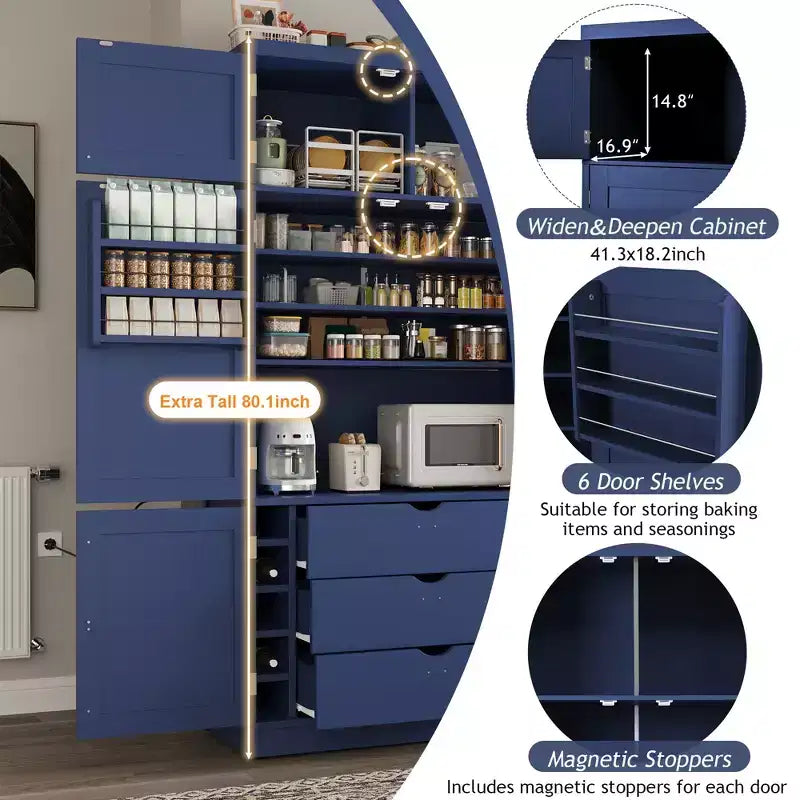 GDFStudio Hallie Grand garde-manger de cuisine style Shaker avec 2 prises de courant, étagères réglables et étagères de porte