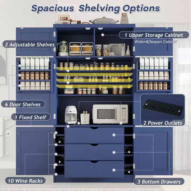 GDFStudio Hallie Grand garde-manger de cuisine style Shaker avec 2 prises de courant, étagères réglables et étagères de porte