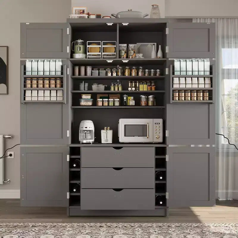 GDFStudio Hallie Grand garde-manger de cuisine style Shaker avec 2 prises de courant, étagères réglables et étagères de porte