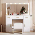 Makeup Vanity Desk with Mirror, Modern White Vanity Table with Drawers, Storage Stool, Wood Make Up Vanity Set for Bedroom Apartment