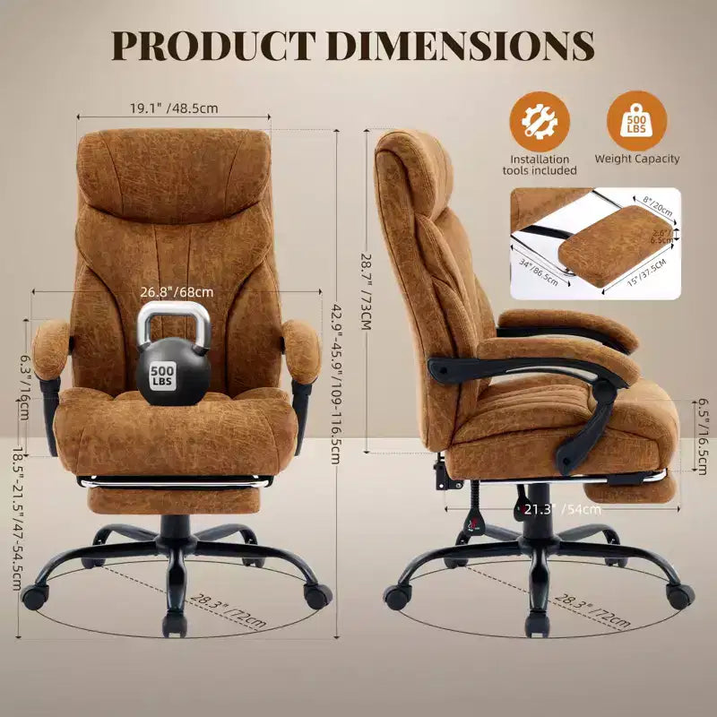 Chaise de bureau, fauteuil de direction ergonomique en cuir avec repose-pieds, grande taille, 227 kg