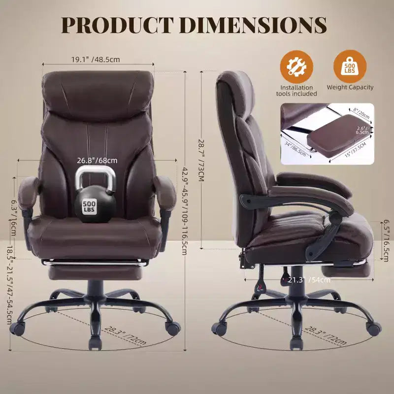 Chaise de bureau, fauteuil de direction ergonomique en cuir avec repose-pieds, grande taille, 227 kg