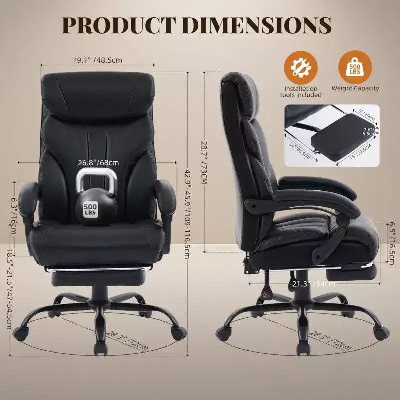 Chaise de bureau, fauteuil de direction ergonomique en cuir avec repose-pieds, grande taille, 227 kg