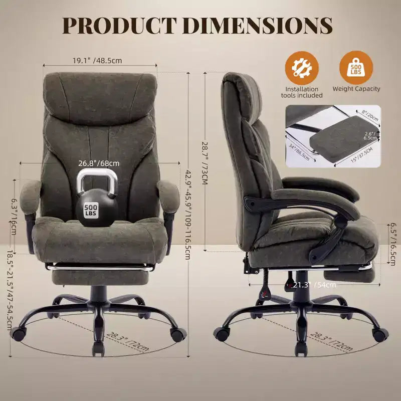 Chaise de bureau, fauteuil de direction ergonomique en cuir avec repose-pieds, grande taille, 227 kg