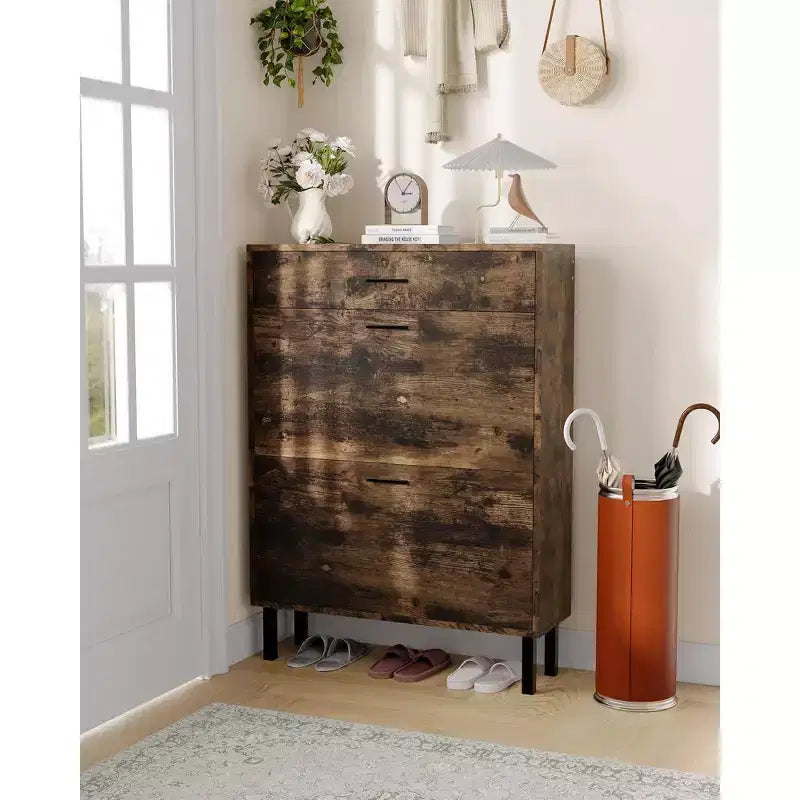 Meuble à chaussures avec double tiroir basculant, organisateur de chaussures peu encombrant pour entrée, couloir ou buanderie, armoire à chaussures dissimulée