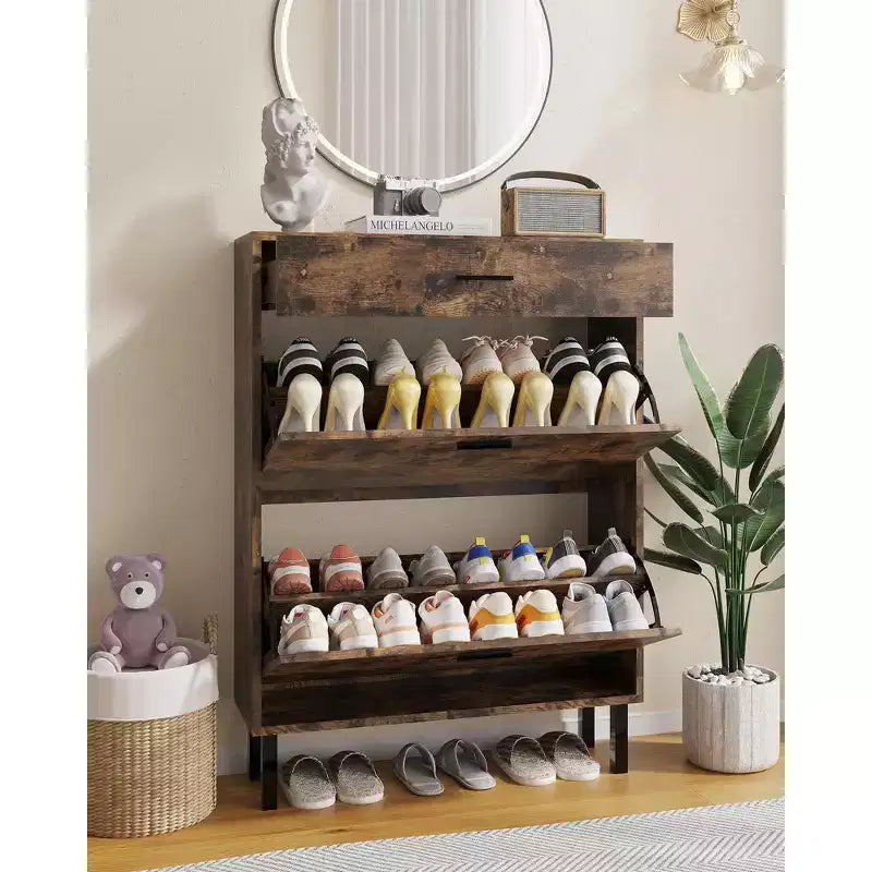 Meuble à chaussures avec double tiroir basculant, organisateur de chaussures peu encombrant pour entrée, couloir ou buanderie, armoire à chaussures dissimulée