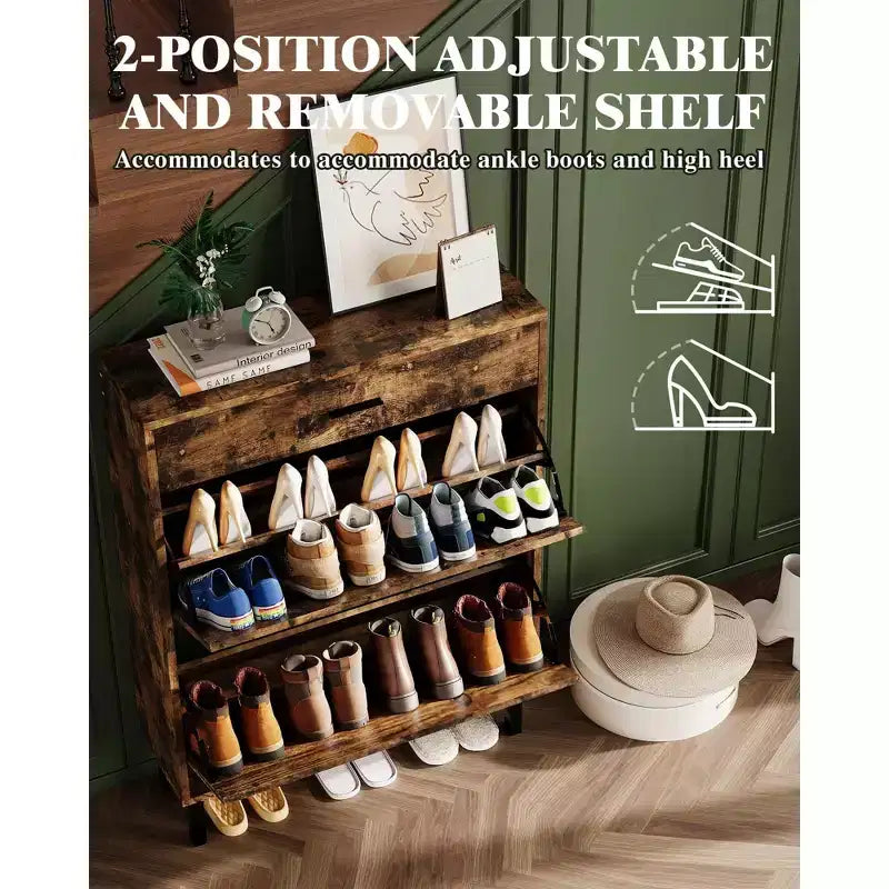 Meuble à chaussures avec double tiroir basculant, organisateur de chaussures peu encombrant pour entrée, couloir ou buanderie, armoire à chaussures dissimulée
