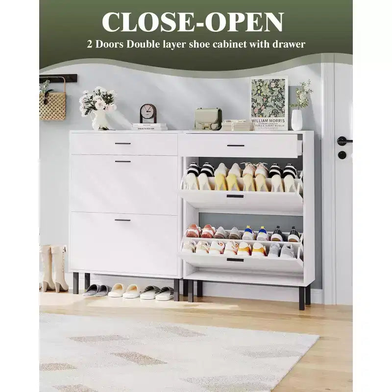 Meuble à chaussures avec double tiroir basculant, organisateur de chaussures peu encombrant pour entrée, couloir ou buanderie, armoire à chaussures dissimulée