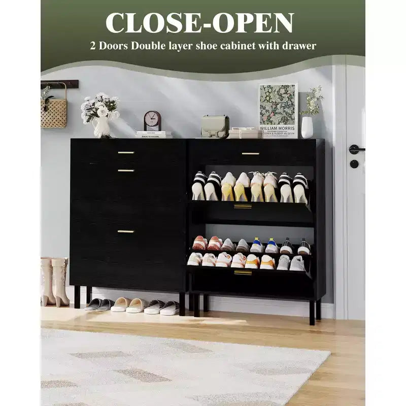 Meuble à chaussures avec double tiroir basculant, organisateur de chaussures peu encombrant pour entrée, couloir ou buanderie, armoire à chaussures dissimulée
