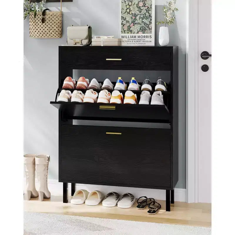 Meuble à chaussures avec double tiroir basculant, organisateur de chaussures peu encombrant pour entrée, couloir ou buanderie, armoire à chaussures dissimulée