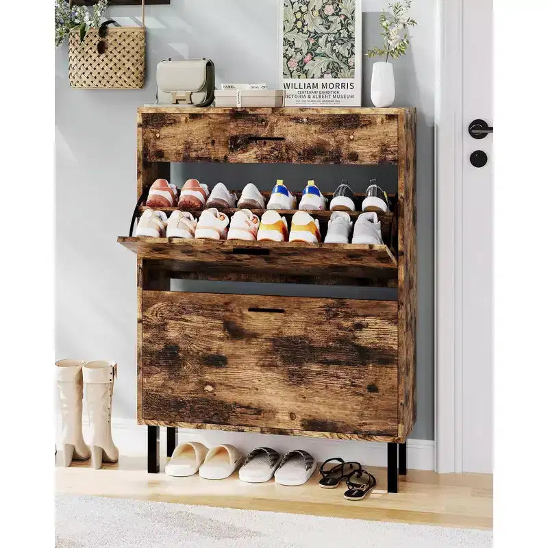 Meuble à chaussures avec double tiroir basculant, organisateur de chaussures peu encombrant pour entrée, couloir ou buanderie, armoire à chaussures dissimulée