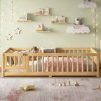 Lit au sol simple/double/grand format avec barrières de sécurité et porte, lit plateforme en bois pour enfants