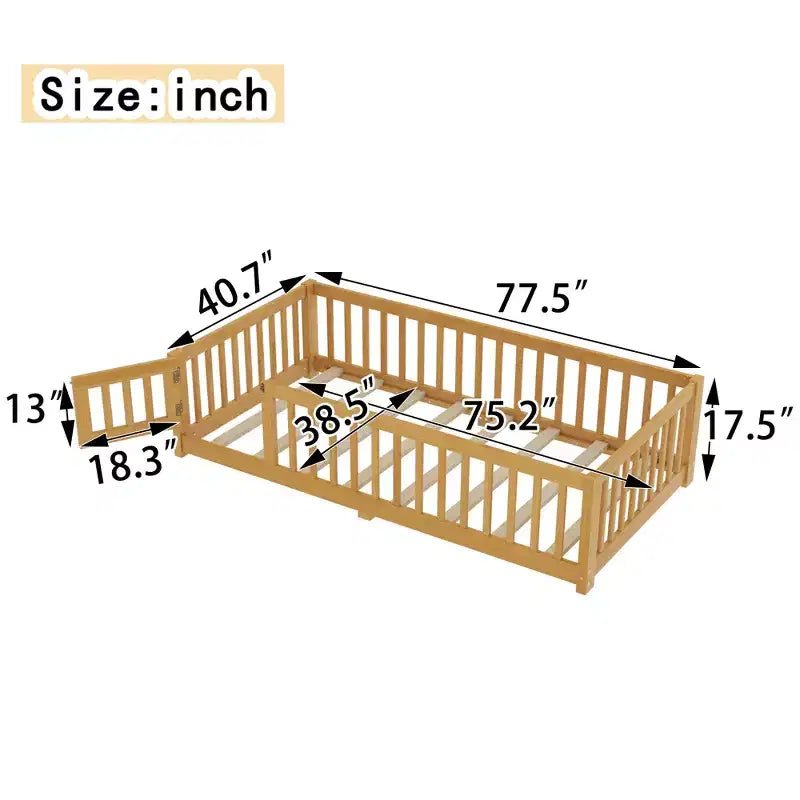 Lit au sol simple/double/grand format avec barrières de sécurité et porte, lit plateforme en bois pour enfants