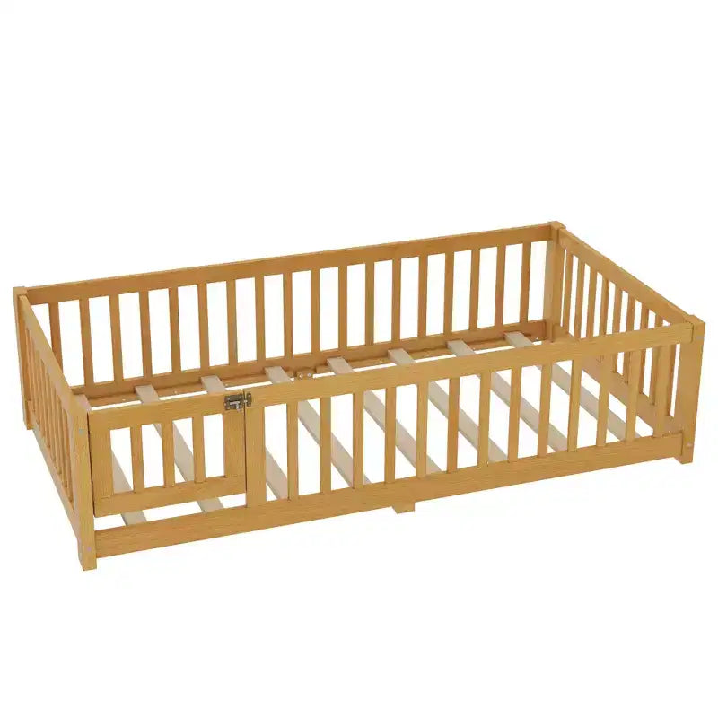 Lit au sol simple/double/grand format avec barrières de sécurité et porte, lit plateforme en bois pour enfants