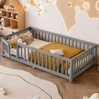 Lit au sol simple/double/grand format avec barrières de sécurité et porte, lit plateforme en bois pour enfants