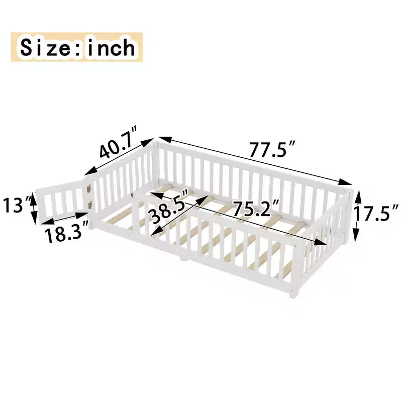 Lit au sol simple/double/grand format avec barrières de sécurité et porte, lit plateforme en bois pour enfants