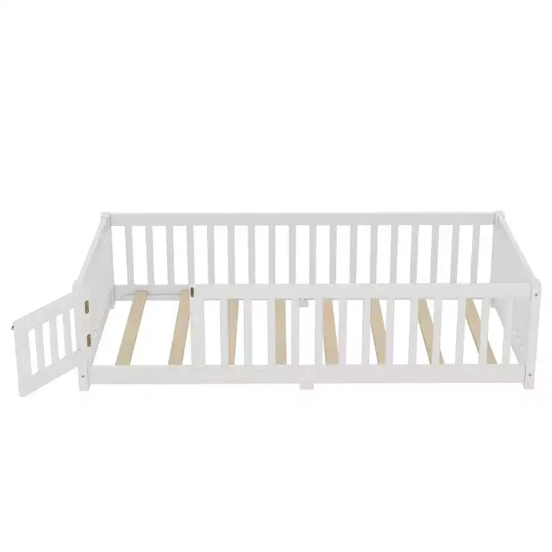 Lit au sol simple/double/grand format avec barrières de sécurité et porte, lit plateforme en bois pour enfants