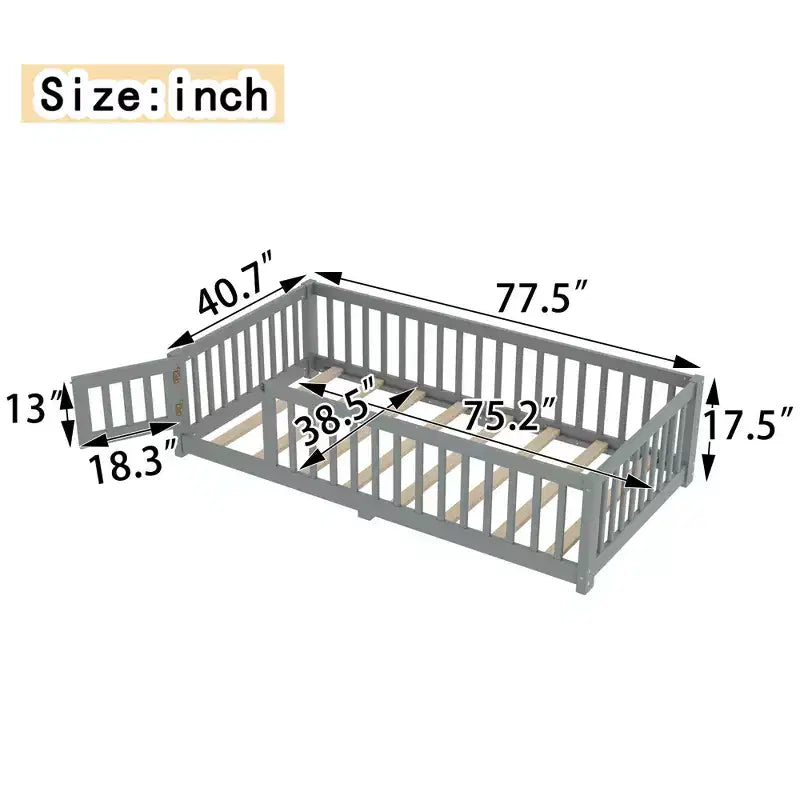 Lit au sol simple/double/grand format avec barrières de sécurité et porte, lit plateforme en bois pour enfants