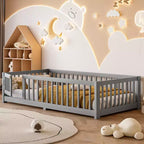 Lit au sol simple/double/grand format avec barrières de sécurité et porte, lit plateforme en bois pour enfants