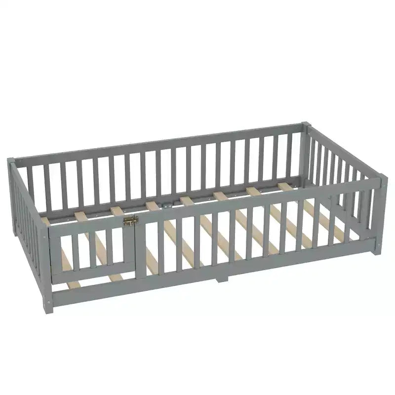Lit au sol simple/double/grand format avec barrières de sécurité et porte, lit plateforme en bois pour enfants