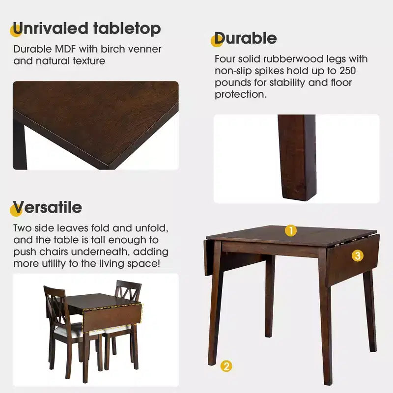 Ensemble table à manger extensible avec 2 chaises rembourrées, idéal pour les espaces compacts, dimensions de 70,9x74,9cm à 116x74,9cm