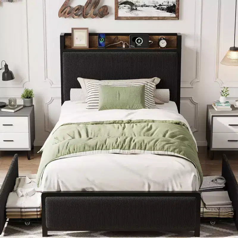 Cadre de lit double XL avec tête de lit de rangement, plateforme de lit double rembourrée en velours côtelé noir avec tiroirs de rangement