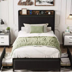 Cadre de lit double XL avec tête de lit de rangement, plateforme de lit double rembourrée en velours côtelé noir avec tiroirs de rangement