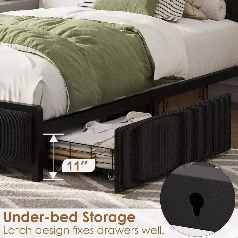 Cadre de lit double XL avec tête de lit de rangement, plateforme de lit double rembourrée en velours côtelé noir avec tiroirs de rangement