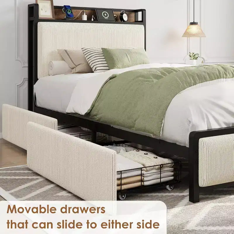 Cadre de lit double XL avec tête de lit de rangement, plateforme de lit double rembourrée en velours côtelé noir avec tiroirs de rangement
