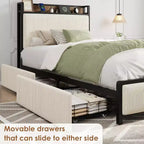 Cadre de lit double XL avec tête de lit de rangement, plateforme de lit double rembourrée en velours côtelé noir avec tiroirs de rangement