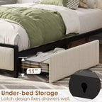 Cadre de lit double XL avec tête de lit de rangement, plateforme de lit double rembourrée en velours côtelé noir avec tiroirs de rangement