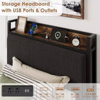 Cadre de lit double XL avec tête de lit de rangement, plateforme de lit double rembourrée en velours côtelé noir avec tiroirs de rangement