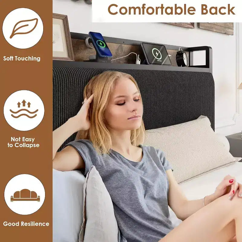 Cadre de lit double XL avec tête de lit de rangement, plateforme de lit double rembourrée en velours côtelé noir avec tiroirs de rangement
