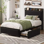 Cadre de lit double XL avec tête de lit de rangement, plateforme de lit double rembourrée en velours côtelé noir avec tiroirs de rangement