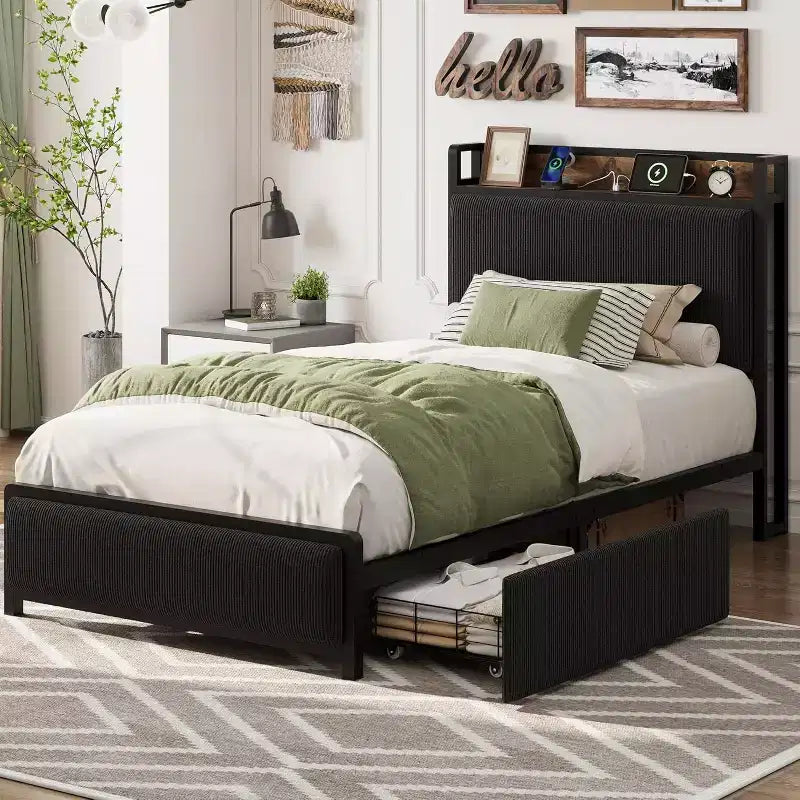 Cadre de lit double XL avec tête de lit de rangement, plateforme de lit double rembourrée en velours côtelé noir avec tiroirs de rangement