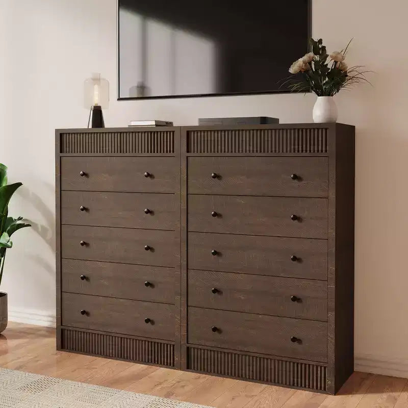 Commode de rangement en bois moderne, 5 tiroirs cannelés, 80 cm de large, idéale pour la chambre d'enfant, le couloir et le salon