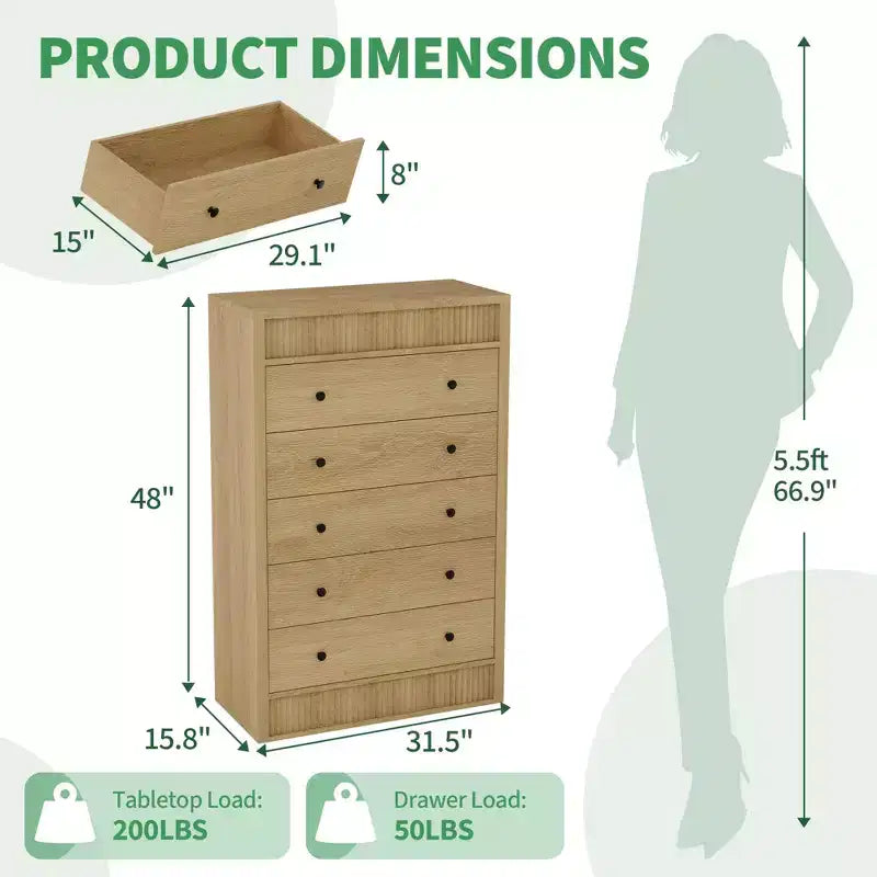 Commode de rangement en bois moderne, 5 tiroirs cannelés, 80 cm de large, idéale pour la chambre d'enfant, le couloir et le salon