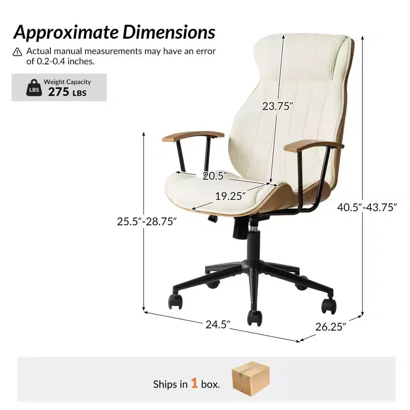 Chaise de bureau pivotante à dossier haut incurvé en bois courbé Basilio Mid-Century Modern avec inclinaison|ART OF LIVING DESIGNS