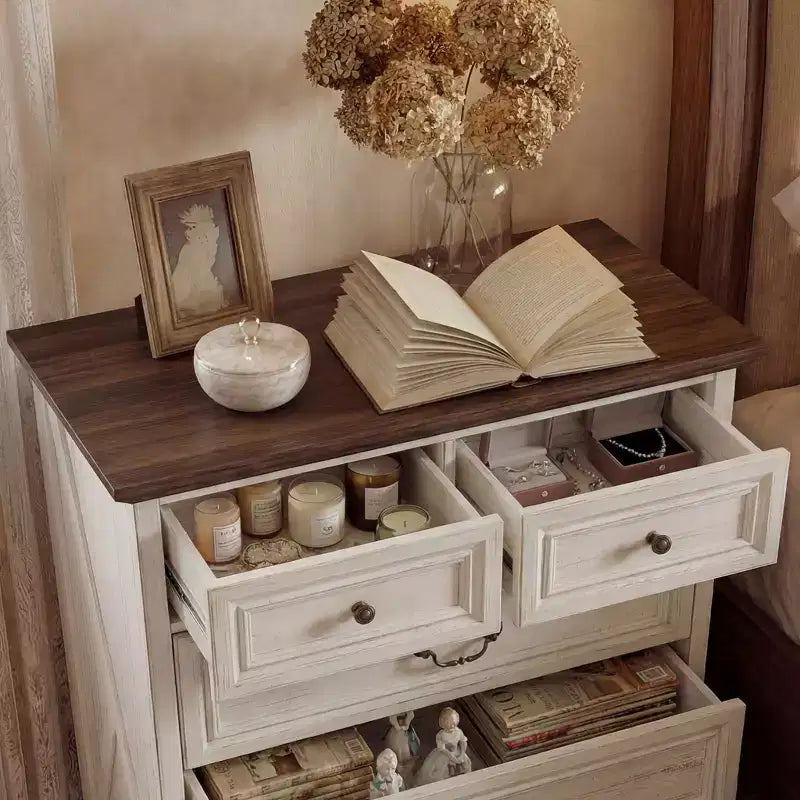 Famapy Table de Chevet de Ferme, Commode à 5 Tiroirs avec Boutons en Bronze Antique, pour Rangement de Chambre à Coucher, Commode Vieillie