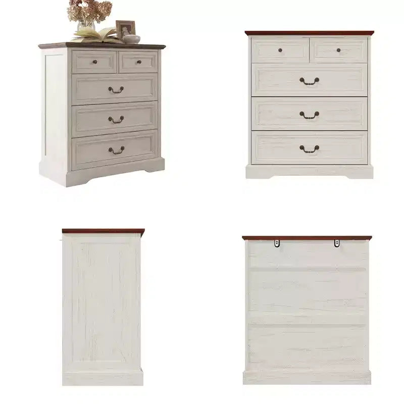 Famapy Table de Chevet de Ferme, Commode à 5 Tiroirs avec Boutons en Bronze Antique, pour Rangement de Chambre à Coucher, Commode Vieillie