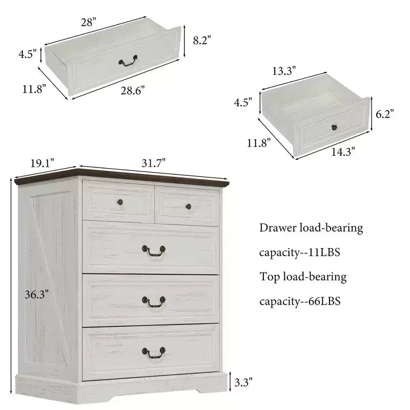 Famapy Table de Chevet de Ferme, Commode à 5 Tiroirs avec Boutons en Bronze Antique, pour Rangement de Chambre à Coucher, Commode Vieillie