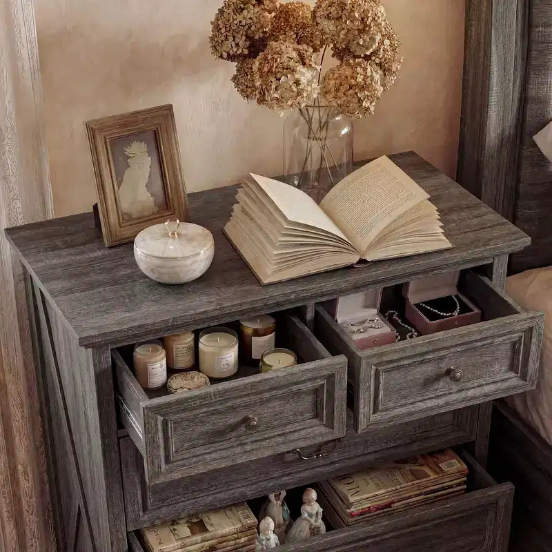 Famapy Table de Chevet de Ferme, Commode à 5 Tiroirs avec Boutons en Bronze Antique, pour Rangement de Chambre à Coucher, Commode Vieillie