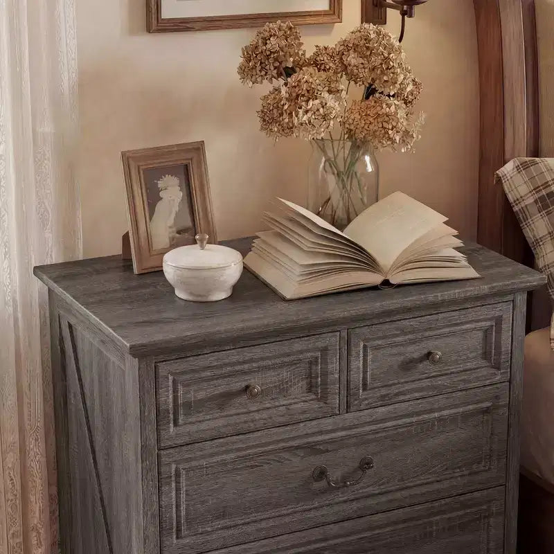 Famapy Table de Chevet de Ferme, Commode à 5 Tiroirs avec Boutons en Bronze Antique, pour Rangement de Chambre à Coucher, Commode Vieillie